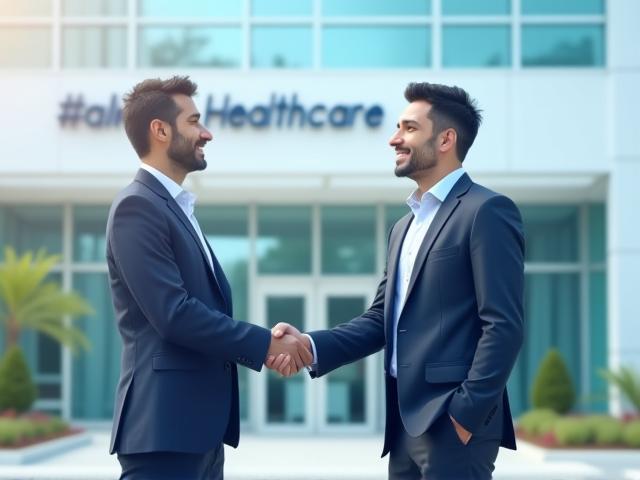 Moderne Klinik mit Handschlag zweier Geschäftspartner im Vordergrund