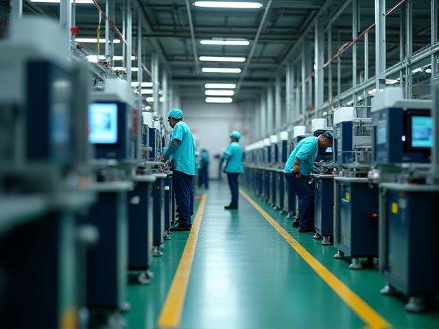 Industrielle Fertigungsstraße mit modernen Anlagen und Arbeitern